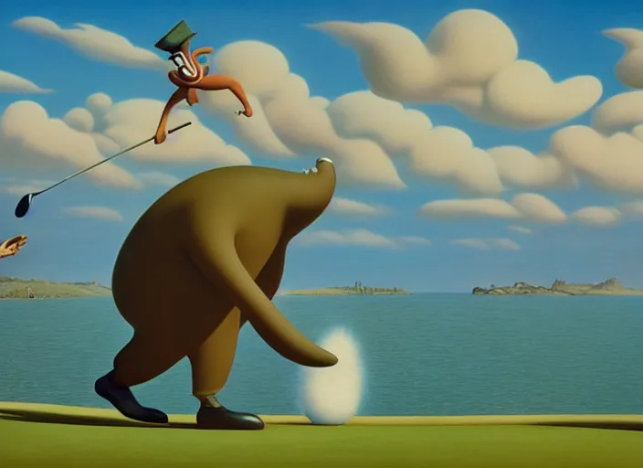 Image similar to matte sharp painting, surrealist, a walrus playing golf, juxtapoz, artforum, gary baseman, preston blair, tex avery, dan mumford, pedro correa