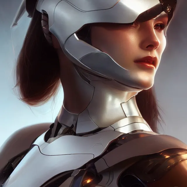 Prompt: close up portrait of beautiful futuristic female cyborg wearing white armor, digital room,, subsurface scattering, artistic, art by artgerm, greg rutkowski and alphonse mucha, artstation, octane render,