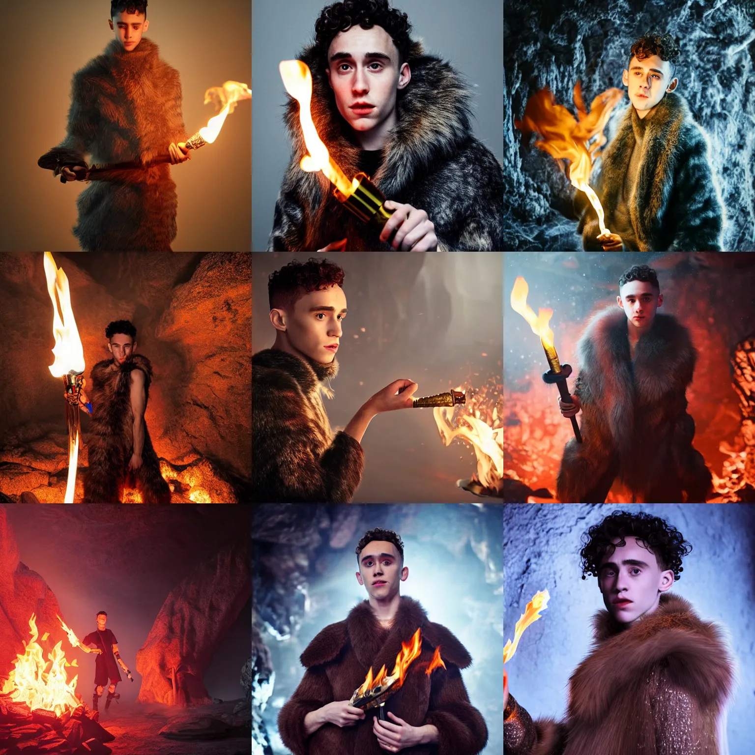 Prompt: Olly Alexander wearing a fur barbarian tunic holding a glowing fire torch. In a dark cave. Trending on Artstation octane render ultra detailed art by Ross Tan