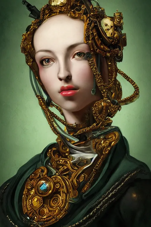 Image similar to portrait, headshot, digital painting, of a 17th century, beautiful, decadent, automaton cyborg merchant girl, Borgia, dark hair, amber jewels, baroque, ornate dark green clothing, scifi, futuristic, realistic, hyperdetailed, underexposed, chiaroscuro, concept art, art by fenki bilal and caravaggio