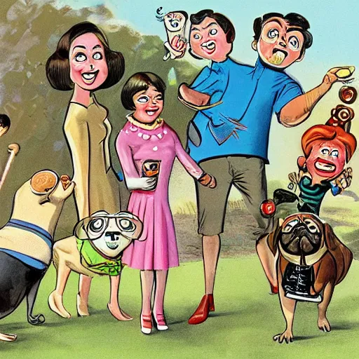 Prompt: 1 9 6 0 s funny comical family of pugs having a party, cartooning, digital painting, smooth, illustration, art style jack davis, pixar