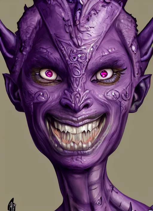 Prompt: purple skin, Tiefling Pirate, laughing, beautiful detailed eyes, cute, fantasy, intricate, elegant, highly detailed, digital painting, 4k, HDR, concept art, detailed jewelry, smooth, sharp focus, illustration, by Wayn Reynolds