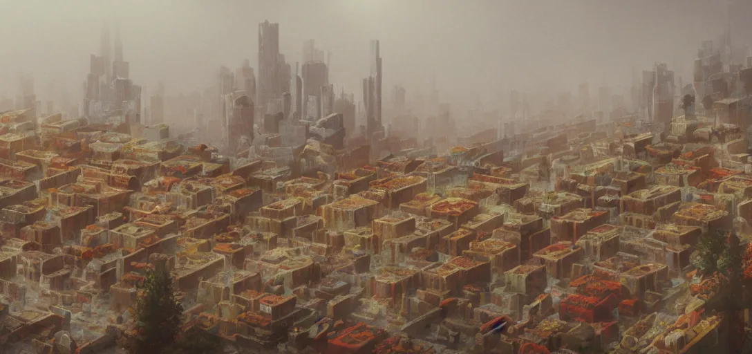 Prompt: a city made of pizza, 80s style, foggy, 8k, james gurney, greg rutkowski, john howe, artstation