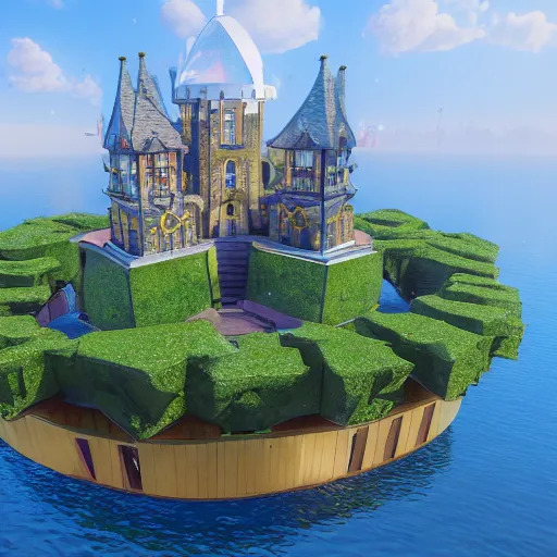 Prompt: A magical university on a floating island, raytracing