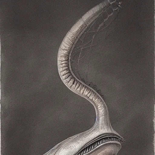 Image similar to tully monster proboscis fossil, realistic, painting, oil paint, sepia tone, scientific illustration, 1 9 th century