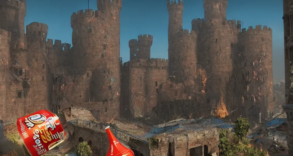 Image similar to ONE!!! GIANT HUGE CAMPBELL SOUP CAN CRASHED!!! INTO a Medieval city!!!!, Soup can crashed into a castle!!!! rendered by Beeple, environment concept, digital art, unreal engine, 3 point perspective, trending on artstation, low level, 4K UHD image, octane render,