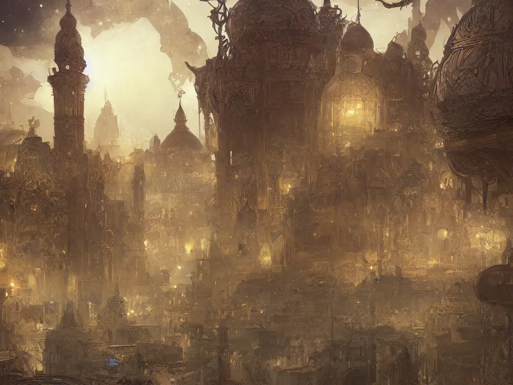 Image similar to a view from the river of a dome - covered city resembling ancient baghdad at night with the sky full of stars, intricate, elegant, highly detailed, digital painting, artstation, concept art, smooth, sharp focus, colored illustration for tattoo, art by krenz cushart and artem demura and alphonse mucha,