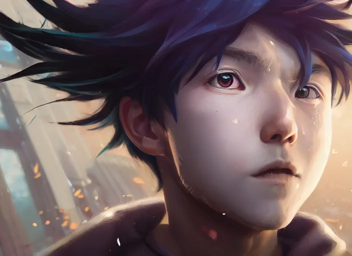 Prompt: highly detailed portrait of a boy with thunder powers, in tokyo ghoul, stephen bliss, 8 k, unreal engine, fantasy art by greg rutkowski, loish, rhads, ferdinand knab, makoto shinkai and lois van baarle, ilya kuvshinov, rossdraws, tom bagshaw, global illumination, radiant light, detailed and intricate environment