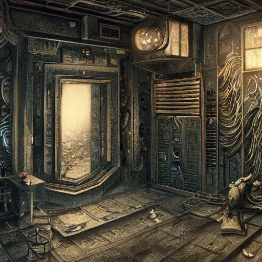 Image similar to detailed painting of a japanese street interior room with celestial ephemeral ornaments and hr giger architecture, artstation, h. r giger, cinematic