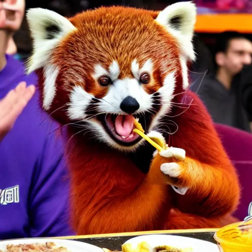 Prompt: red panda eating takis at the super bowl