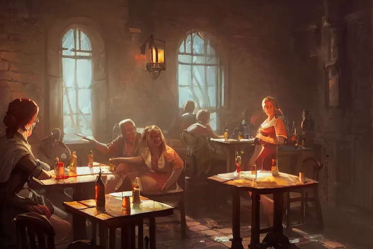 Prompt: a lone patron nurses a drink at a d & d tavern, by greg rutkowski and anna podedworna, artstation