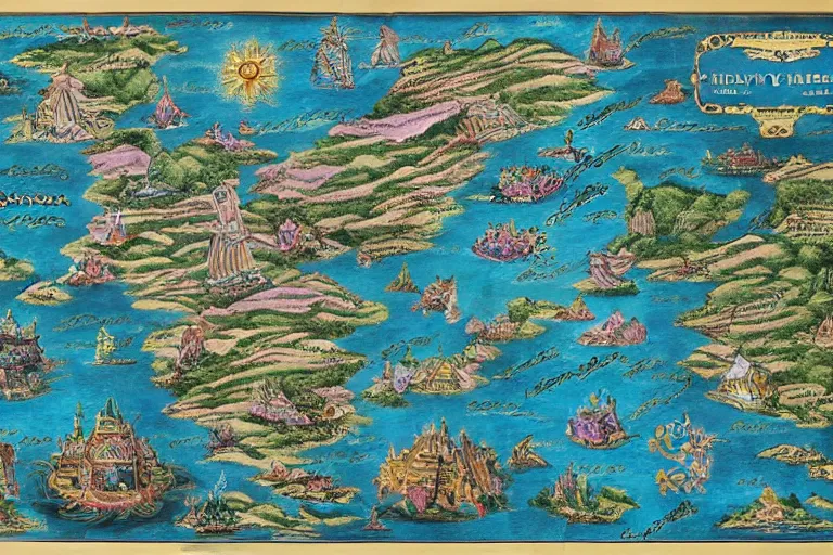 Prompt: Map of a heavenly realm highly detailed, full color