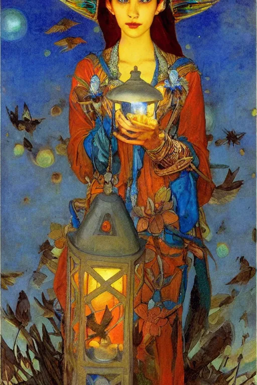 Prompt: queen of the dawn with her lantern and birds, by Annie Swynnerton and Nicholas Roerich, elaborate headdress and iridescent beetles, rich color, dramatic cinematic lighting, extremely detailed