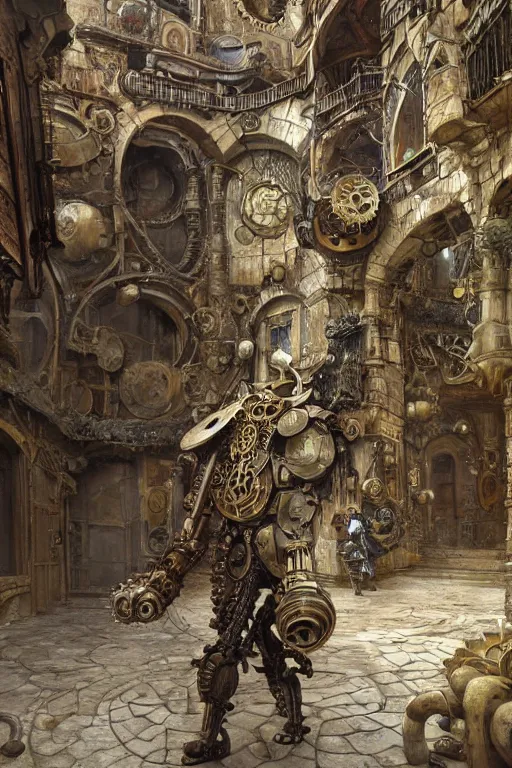 Prompt: a biomechanical palace guard made of machine parts and clocks is walking through a steampunk byzantine courtyard by anders zorn, wonderful, mandelbulb 3 d buildings, fractal designs, dynamic, masterpiece by greg rutkowski, hyperrealism, beautiful cinematic light, by greg manchess, jessica rossier