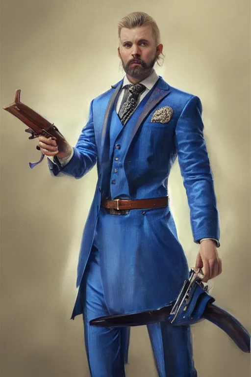 Image similar to a swedish man in a blue suit with a jeweled sword and a pistol, highly detailed, d & d, fantasy digital painting, trending on artstation, concept art, sharp focus, illustration, global illumination, ray tracing, realistic shaded, art by artgerm and greg rutkowski and fuji choko and viktoria gavrilenko and hoang lap