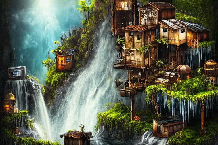 Image similar to gothic waterfall favela honeybee hive, subconscious environment, industrial factory, award winning art, epic dreamlike fantasy landscape, ultra realistic,