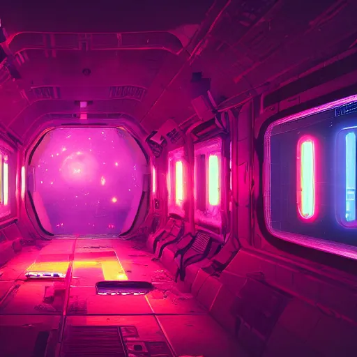 Image similar to arriving on a derelict space station, ominous, epic, wonderfully colorful, escape pod, screen, ink lines, accurate, weird, neon ink, clean, minimal, 8k, octane render