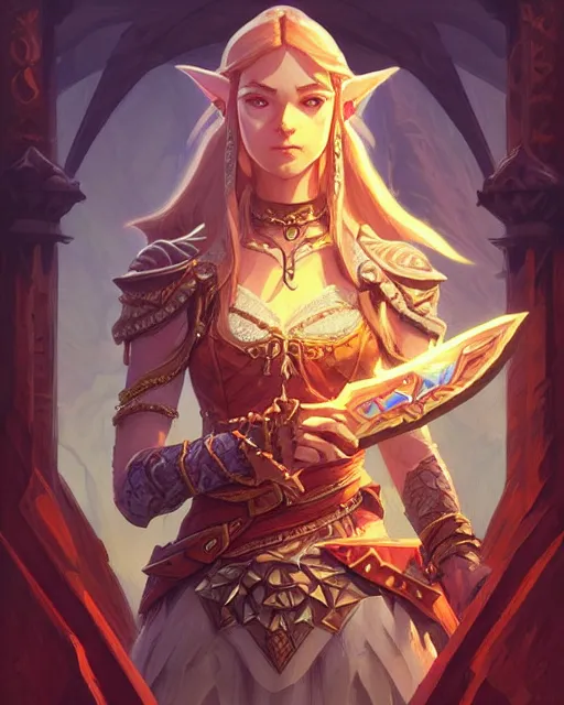 Image similar to legend of Zelda, D&D, fantasy, intricate, elegant, highly detailed, digital painting, artstation, concept art, matte, sharp focus, illustration, hearthstone, art by Artgerm and Greg Rutkowski and Alphonse Mucha