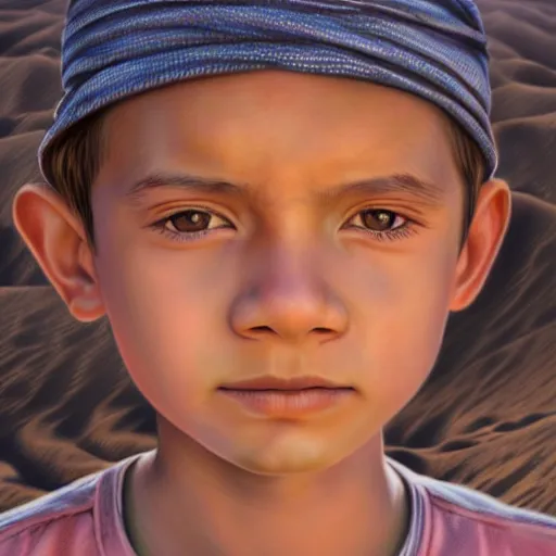 Prompt: a detailed portrait of a boy in the desert, art illustration, incredibly highly detailed and realistic, 8 k, sharp focus