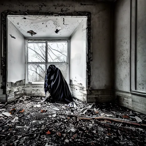 Prompt: A hooded monster lurking in an abandoned home