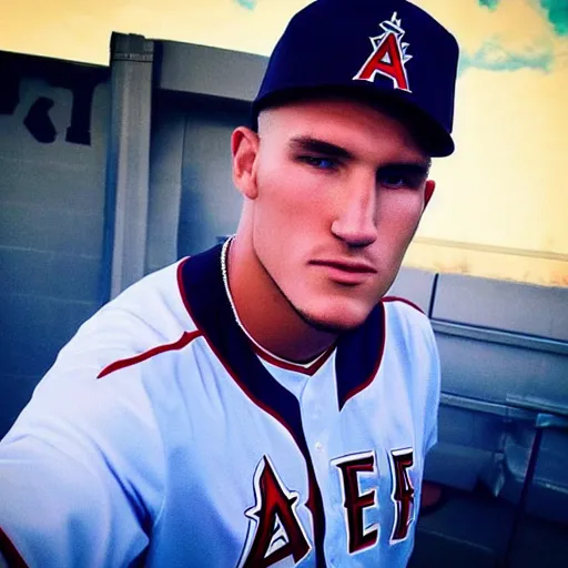 Image similar to “a realistic photo of a guy who is an attractive baseball player man who is half robot and half humanoid, who is a robot, Mike Trout, shiny skin, blue eyes”