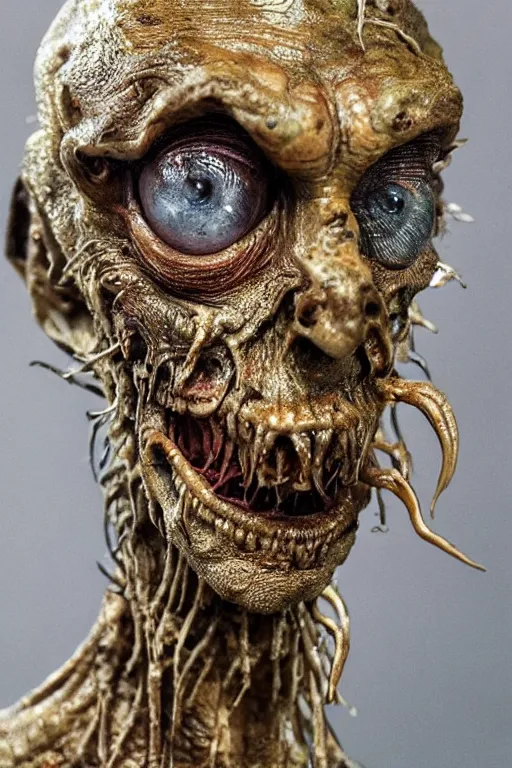 Image similar to photo taken of an epic intricate, ultra detailed, super realistic gritty, wet, slimy, lifelike sculpture of a nightmarish hellish alien ghoulish creature created by weta workshop, zoomed in shots, photorealistic, sharp focus, white wall coloured workshop, cold blueish colour temperture, f 0. 4, face centred, golden ratio, golden hour