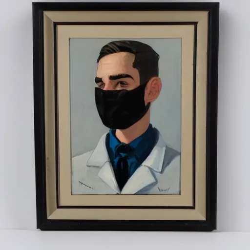 Image similar to portrait of young man wearing black medical mask, style of coby whitmore