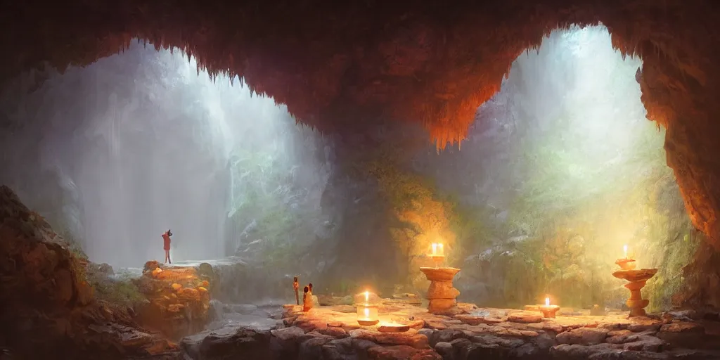 Image similar to cozy, empty bathhouse hidden in a cave, small, colorful, candlelight, towels, cushions, natural light, lush plants and flowers, elegant, smooth cave rock, fantasy, atmospheric lighting, digital painting, Greg Rutkowski, concept art