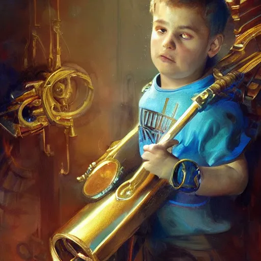 Image similar to stunning portrait of 3yo greek argonaut Orpheus playing the golden lyre, painting by Raymond Swanland, cyberpunk, sci-fi cybernetic implants hq