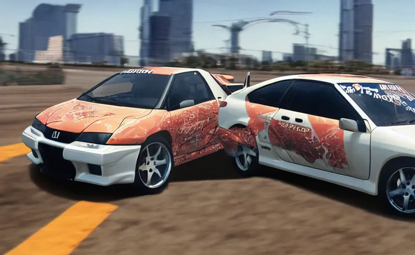 Image similar to photograph of a cell-shaded Honda EK9 Type-R, with an anime girl car wrap, speeding on a desert road with a futuristic city in the horizon, kicking up dirt, action shot, one point perspective, 1-point perspective, tilt shift, sigma 85mm f/1.4, 4k, depth of field, high resolution, 4k, 8k, hd, full color