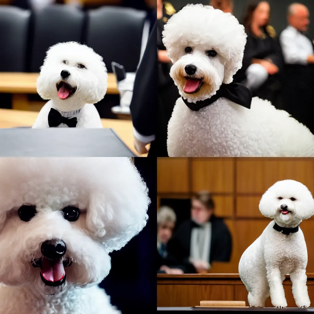 Image similar to a closeup photorealistic photograph of a cute smiling white bichon frise judge wearing a black gown and speaking to the courtroom. this 4 k hd image is trending on artstation, featured on behance, well - rendered, extra crisp, features intricate detail, epic composition and the style of unreal engine.