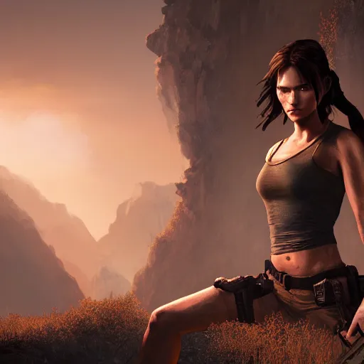 Image similar to lara croft, atmospheric lighting, painted, intricate, volumetric lighting, beautiful, golden hour, sharp focus, ultra detailed, by leesha hannigan, ross tran, thierry doizon, kai carpenter, ignacio fernandez rios