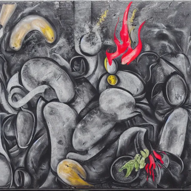 Image similar to grey vegetables, charcoal, fire extinguisher, black burnt cotton, neo - expressionism, surrealism, acrylic and spray paint and oilstick on canvas