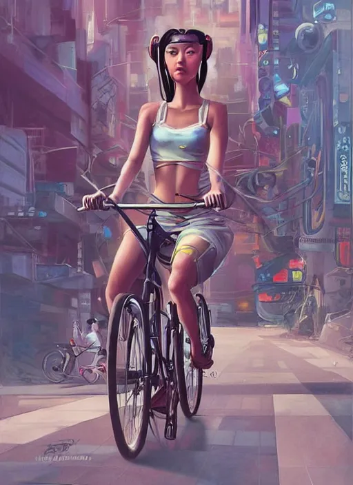 Prompt: An epic fantastic realism comic book style painting of a beautiful girl on a bicycle with robot legs, robotics, long pigtails hair, asian girl, cyberpunk, Concept world Art, ultrarealistic, hyperrealistic, dynamic lighting by Paolo Eleuteri Serpieri