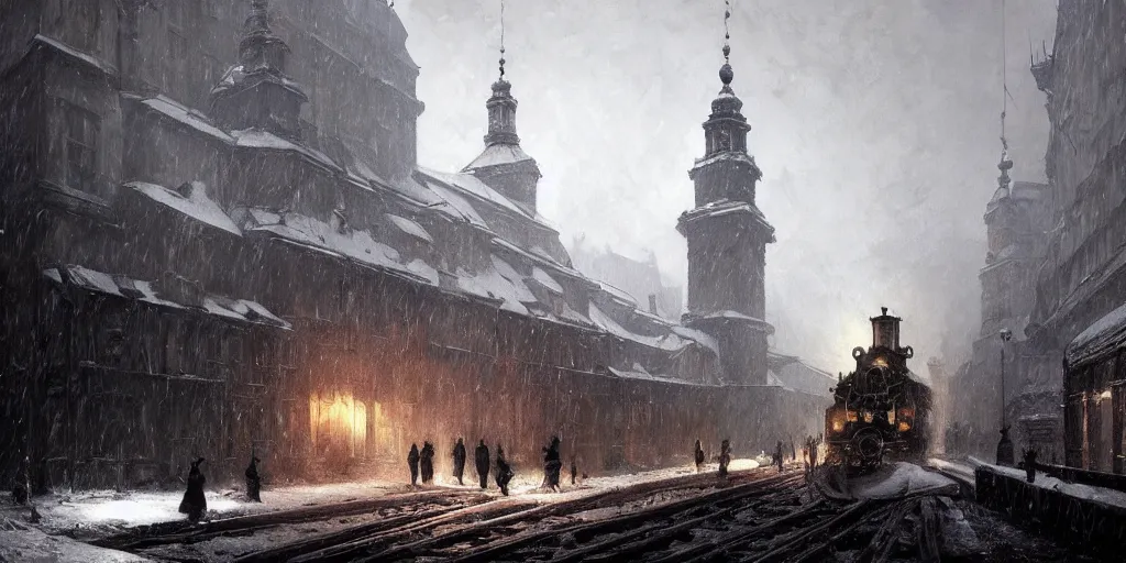 Image similar to snowpiercer travels through the icy city of warsaw, poland. frostpunk by greg rutkowski, gustave courbet, rosa bonheur, edward hopper. faithfully depicted architecture, realistic, sharp focus, global illumination, radiant light, detailed and intricate environment, trending on artstation