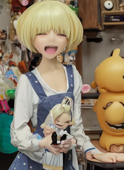 Image similar to a hyperrealistic oil painting of a kawaii anime girl figurine caricature with a big dumb grin featured on wallace and gromit by studio ghibli