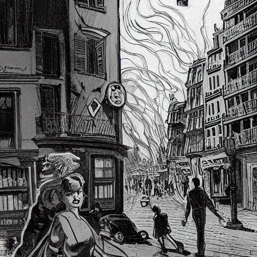 Image similar to a typical Parisian street, in the foreground a man and a woman from behind, in the back at the bottom of the street a spaceship destroying buildings, dc comics style, multiple details