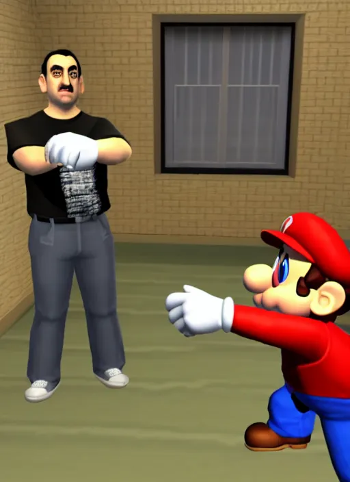 Image similar to screenshot of nintendo 64 game with mike stoklasa character, talking vhs character in background, polygonal, mario 64 inspired
