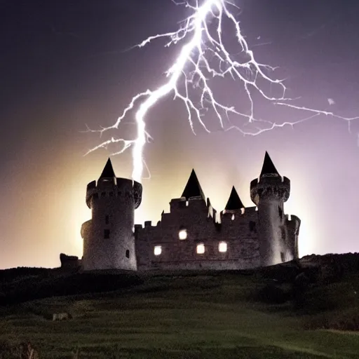 Prompt: a spooky castle on a hill illuminated by a lightning strike