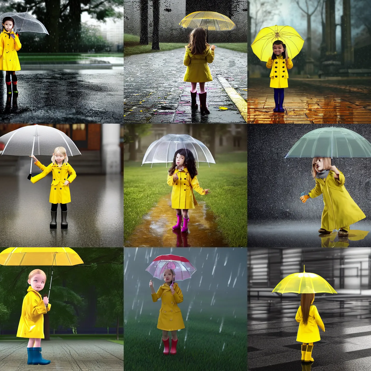 Prompt: A little girl in a yellow raincoat and rain boots, wearing a transparent umbrella. Front view, Unreal Engine.