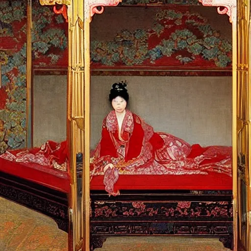 Prompt: the ornate bedchamber of a chinese princess, with screens and silks, by frederic leighton