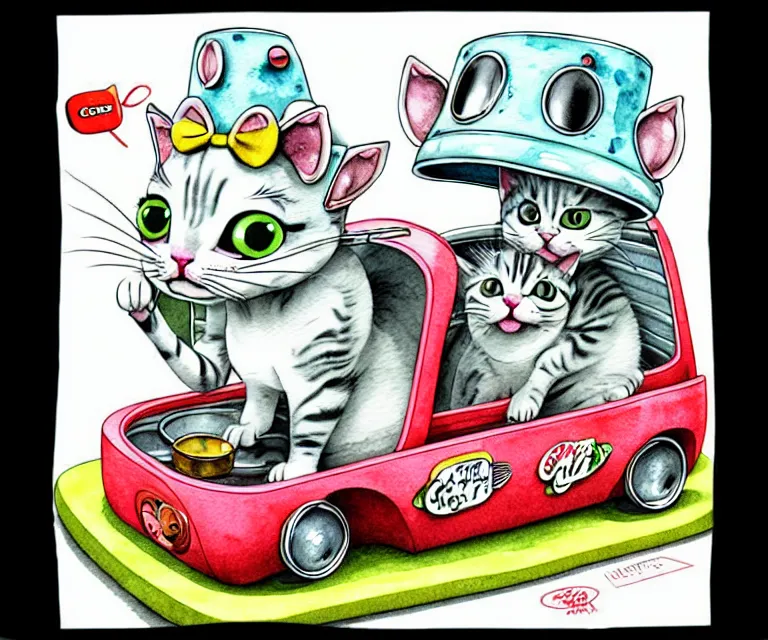 Prompt: cute and funny, kitten wearing a cookpot helmet driving a catnip truck like they stole it, ratfink style by ed roth, centered award winning watercolor pen illustration, isometric illustration by chihiro iwasaki, edited by craola, tiny details by artgerm and watercolor girl, symmetrically isometrically centered