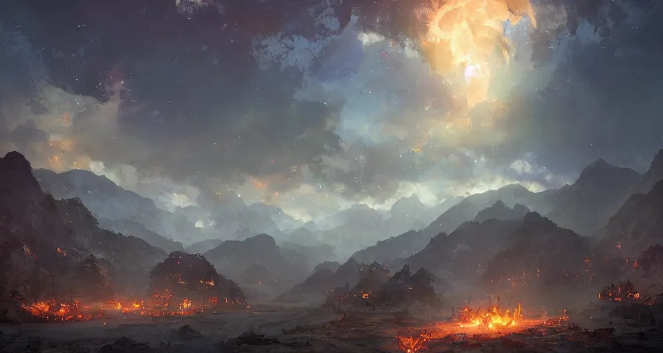 Image similar to craig mullins and ghibli digital art of a bigunreal hell door with fire in the sky in china ， black night sky, stars, below is the crowd, rivers, villages ， unreal engine, hyper realism, realistic shading, cinematic composition, realistic render, octane render, detailed textures, photorealistic, wide shot