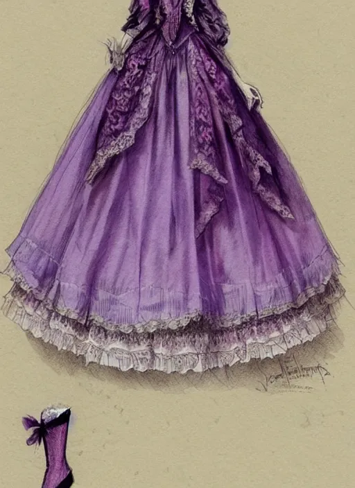 Prompt: violet - themed lolita fashion dress design, victoria, lace, elegant, muted colors. sketch by jean - baptiste monge