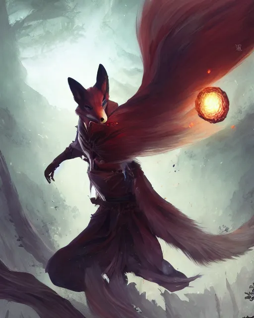 Image similar to Kitsune Fox Sorcerer, magic the gathering artwork, D&D, fantasy, cinematic lighting, centered, symmetrical, highly detailed, digital painting, artstation, concept art, smooth, sharp focus, illustration, volumetric lighting, epic Composition, 8k, art by Akihiko Yoshida and Greg Rutkowski and Craig Mullins, heroic pose, oil painting, cgsociety, Tree Woodland atmosphere