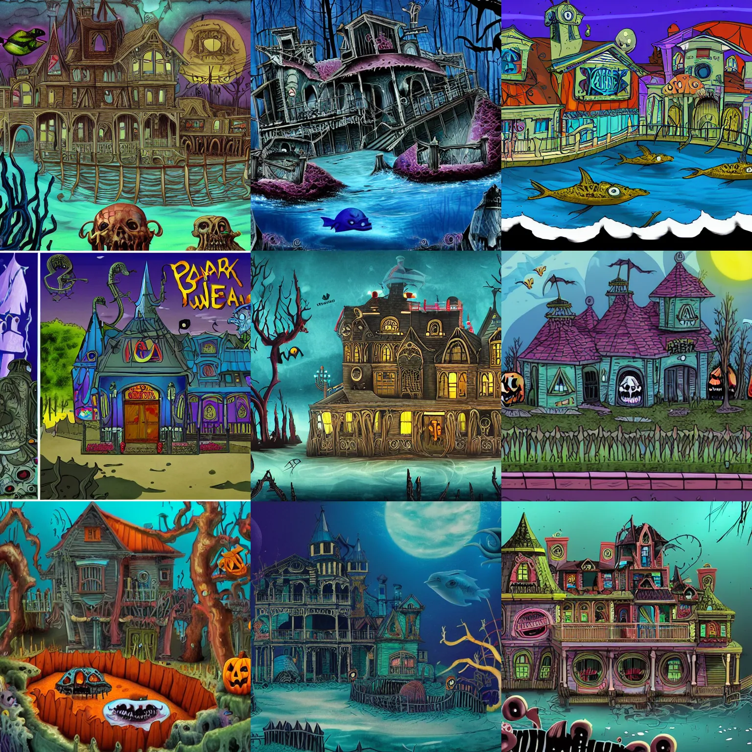 Prompt: screenshot for a dark cartoon that takes place on a horror based suburban underwater amusement park that incorporates darker halloween and ocean elements in its design imagery and features intricate housing based on old vampiric manors, halloween decorations, atlantis, shipwrecks, spooky, amusement park attractions, deep sea, horror themed, fun, in the style of stephen silver and tim burton