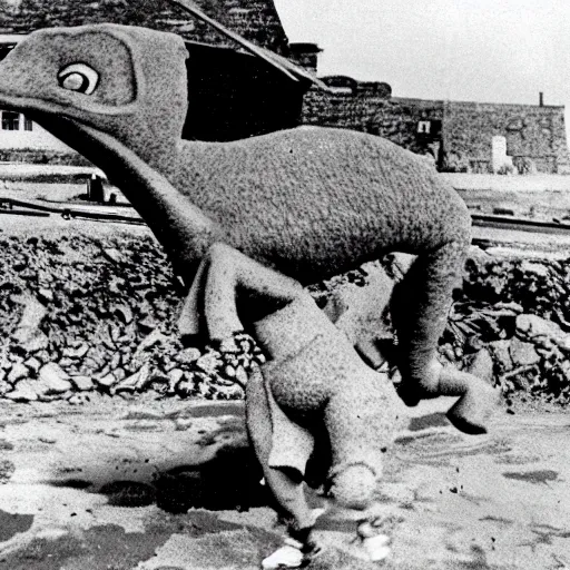 Image similar to award winning photograph of barnie the dinosaur at d - day, colorized