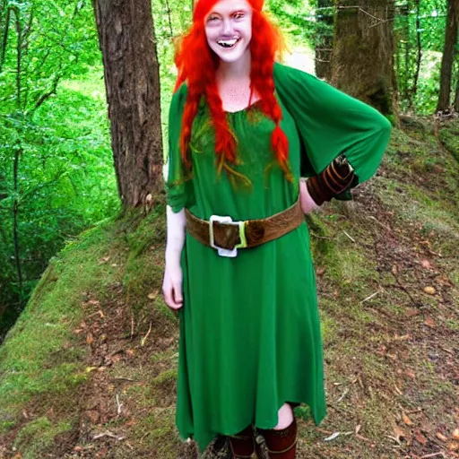 Prompt: elf druid, feminine, smiling, freckles, green eyes, red hair, tall