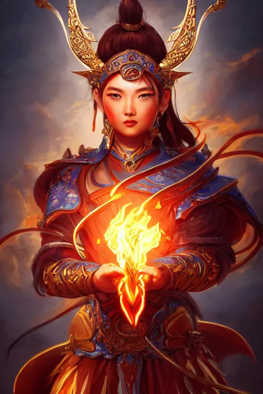 Image similar to a masterpiece portrait of nezha, legendary god holding spear, flame everywhere, epic pose, fantasy character portrait, closeup shot, hyper detailed, digital painting, 8 k realistic, trending on artstation, sharp focus, dof, by fenghua zhong, artgerm, ne zha from smite, jeff easley, raymond swanland