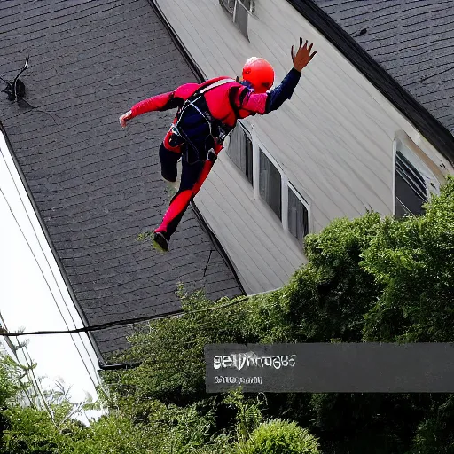 Image similar to base jumping off of roof of suburban house, tv news headline